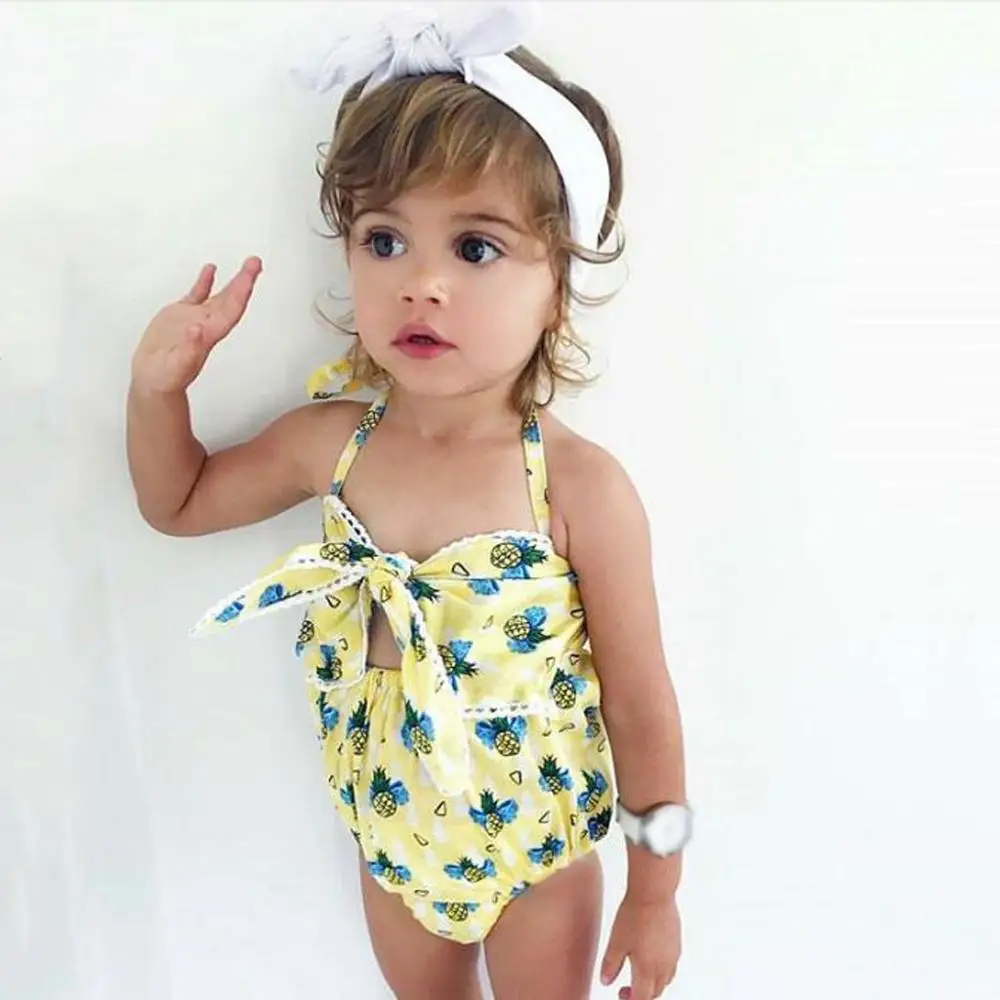 Летние Купальники для девочек слитный купальник с бантом и принтом ананаса