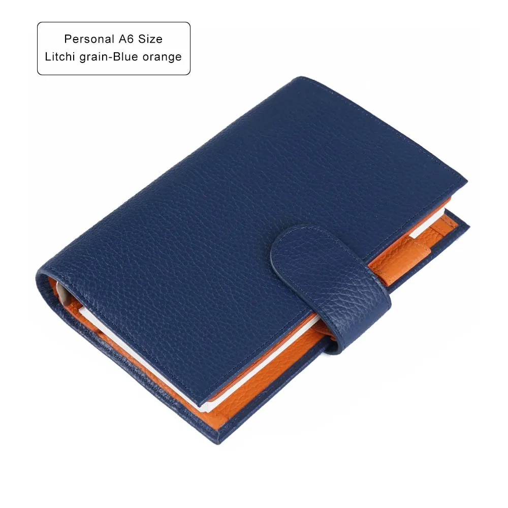 Litchi Blue Orange Натуральная кожа блокнот Органайзер связующее кольцо планировщик Обложка персональный Размер А6 дневник альбом для зарисовок с большим карманом - Цвет: Litchi Blue Orange