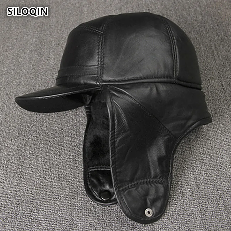 

Genuine Leather Hat Middle Old Aged Bomber Hat Sheepskin Thicken Baseball Cap Keep Warm Earmuffs Men's Leather Hats Winter Cap
