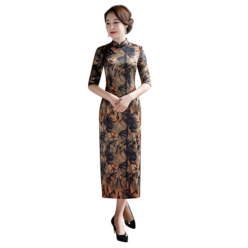 В китайском стиле Чонсам Винтаж юбка с принтом шелковое cheongsam qipao китайское традиционное платье для женщин Элегантное платье для женщин