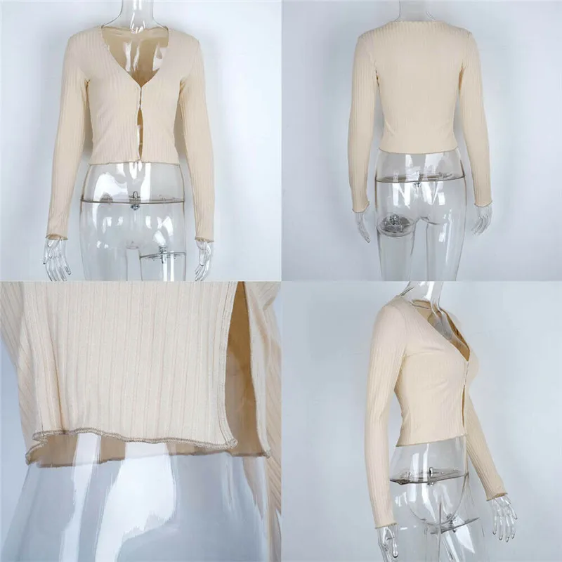 

Fashion Women Long Sleeve V-ceck Open Stitch Sweater Cropped Top Button Down Classic Sweater Knitted Cardigan Outwear Fall Style