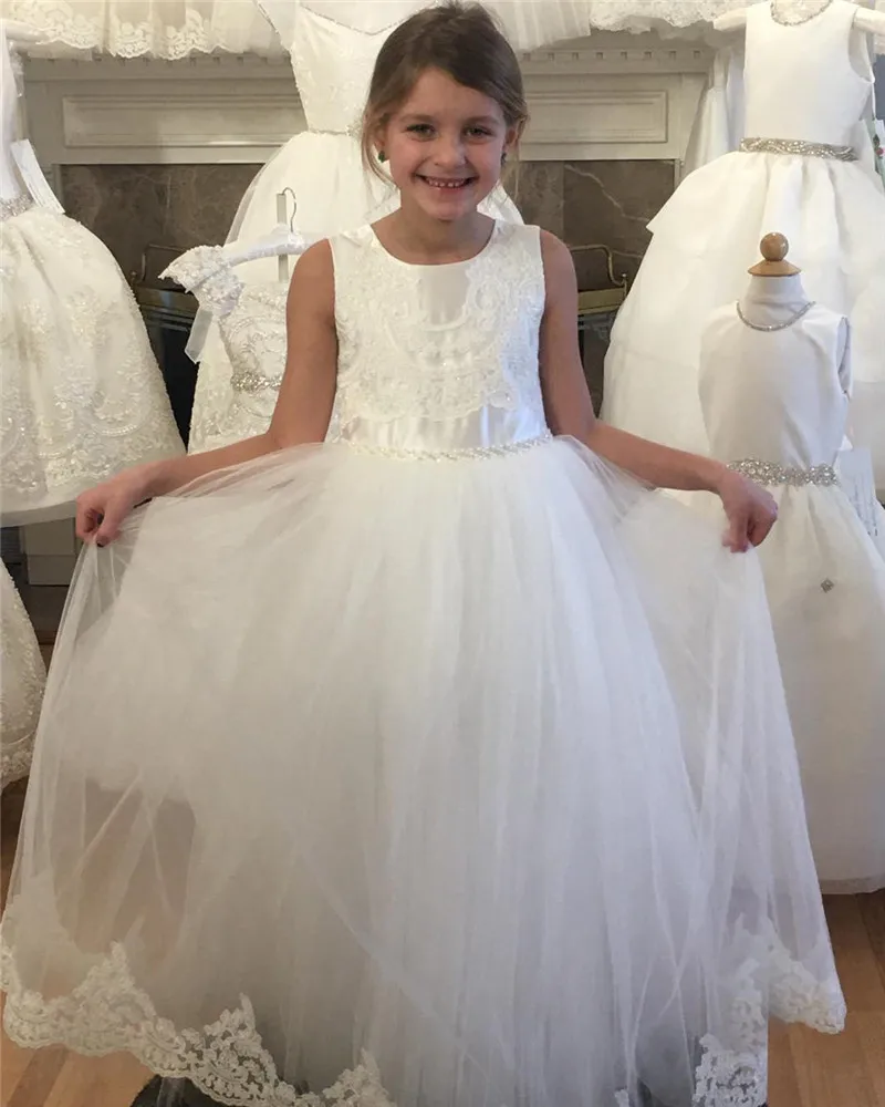

Customized White Ivory Flower Girl Dress Lace Top Girls First Communion Dress Children Pageant Gown
