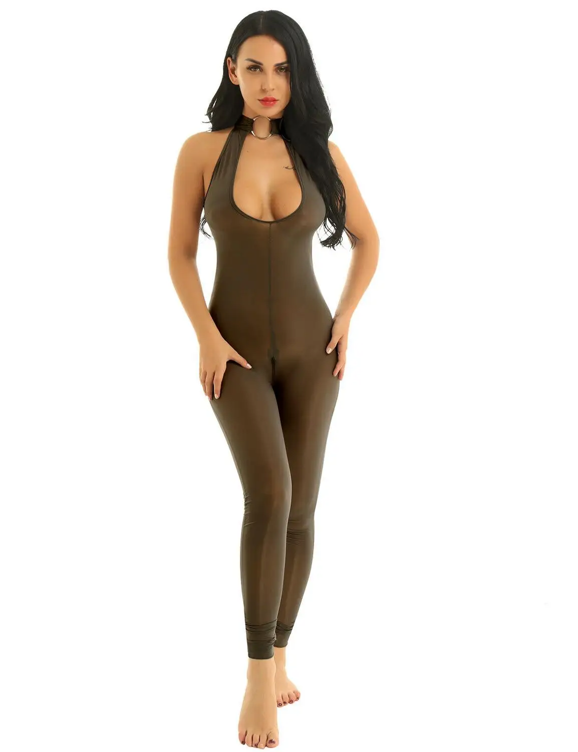 

Sexy Women Semi See Through Slim Fit Jumpsuit Catsuit Long Zip Hollow Out Bust Halter Neck Bodysuit Rave Dance Costume