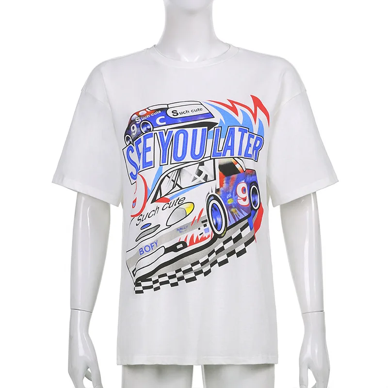 

Fashstreet Harajuku Loose Short Sleeve Tshirt Women Streetwear Racing Car Printing Long Tops Fashion Summer Casual Home Tops