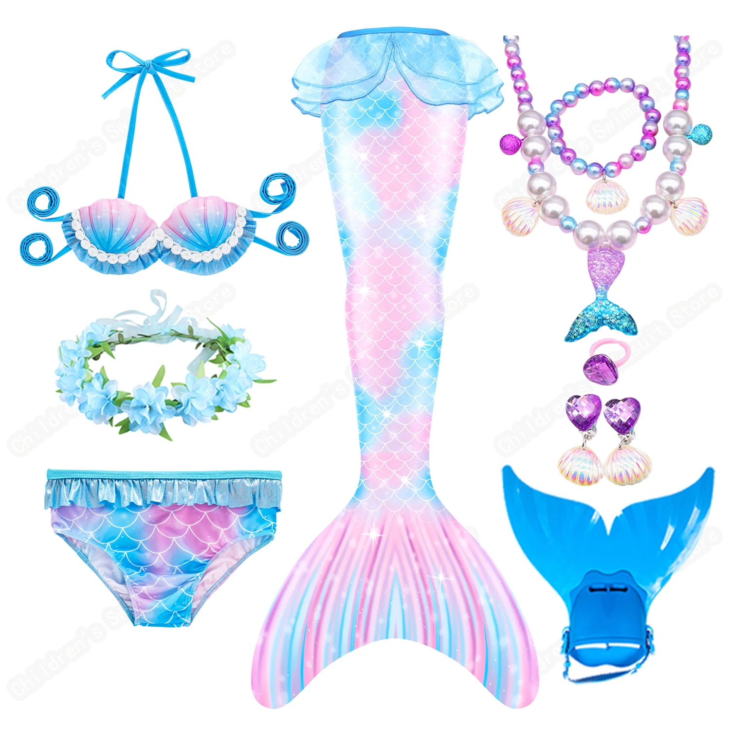 

Детский раздельный купальник-бикини с красочным хвостом Русалочки в новом стиле, с ластами и аксессуарами, для лета