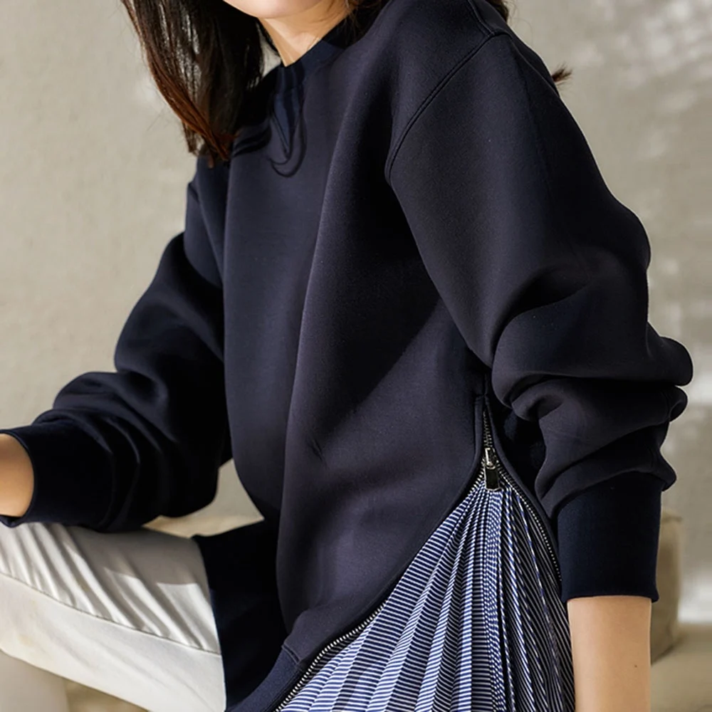 

2020 Fall/winter New Ladies Hoodies Fashion Loose Hem Stripe Stitching Zipper Decor Long Sleeve Round Neck Pullover Women