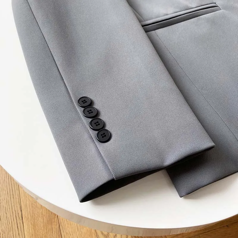 

Korean Elegant Women Gray Blazer Single Buckle Lacing Spring Autumn Notched Collar Long Sleeve Loose Casual Female Suit Jacket