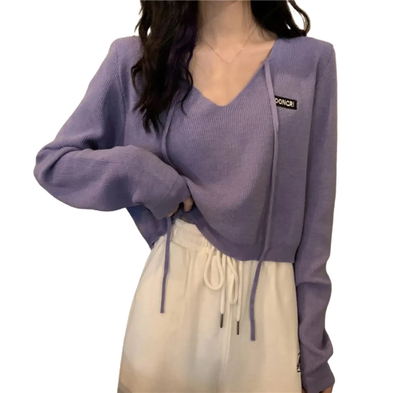 

Short Knitwear Solid Color Grey Purple Black Bandage Pullover Top Clothing V Neck Long Sleeve Female Lady Loose Blouse Wholesale