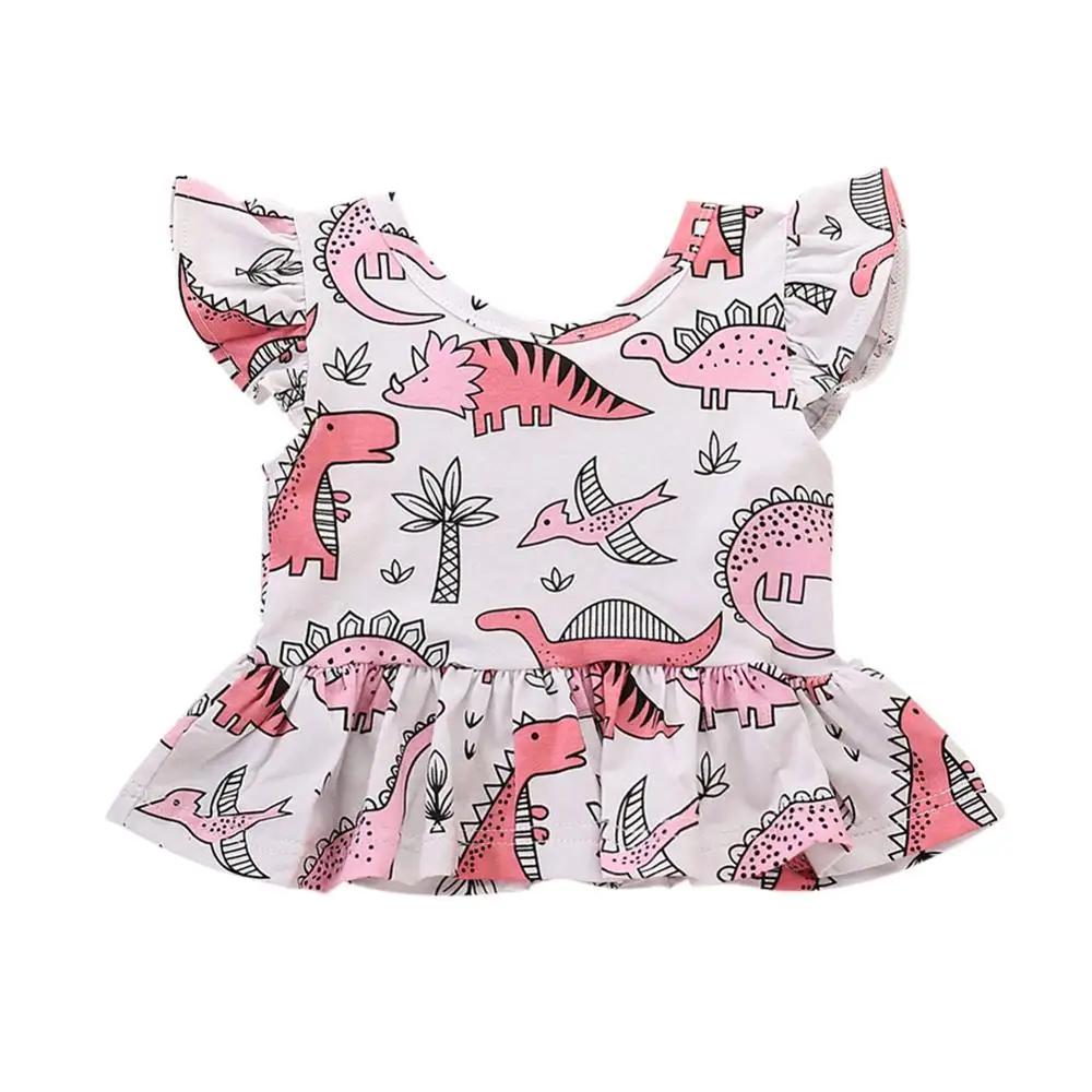 Летние топы с короткими рукавами и принтом динозавра для маленьких девочек +