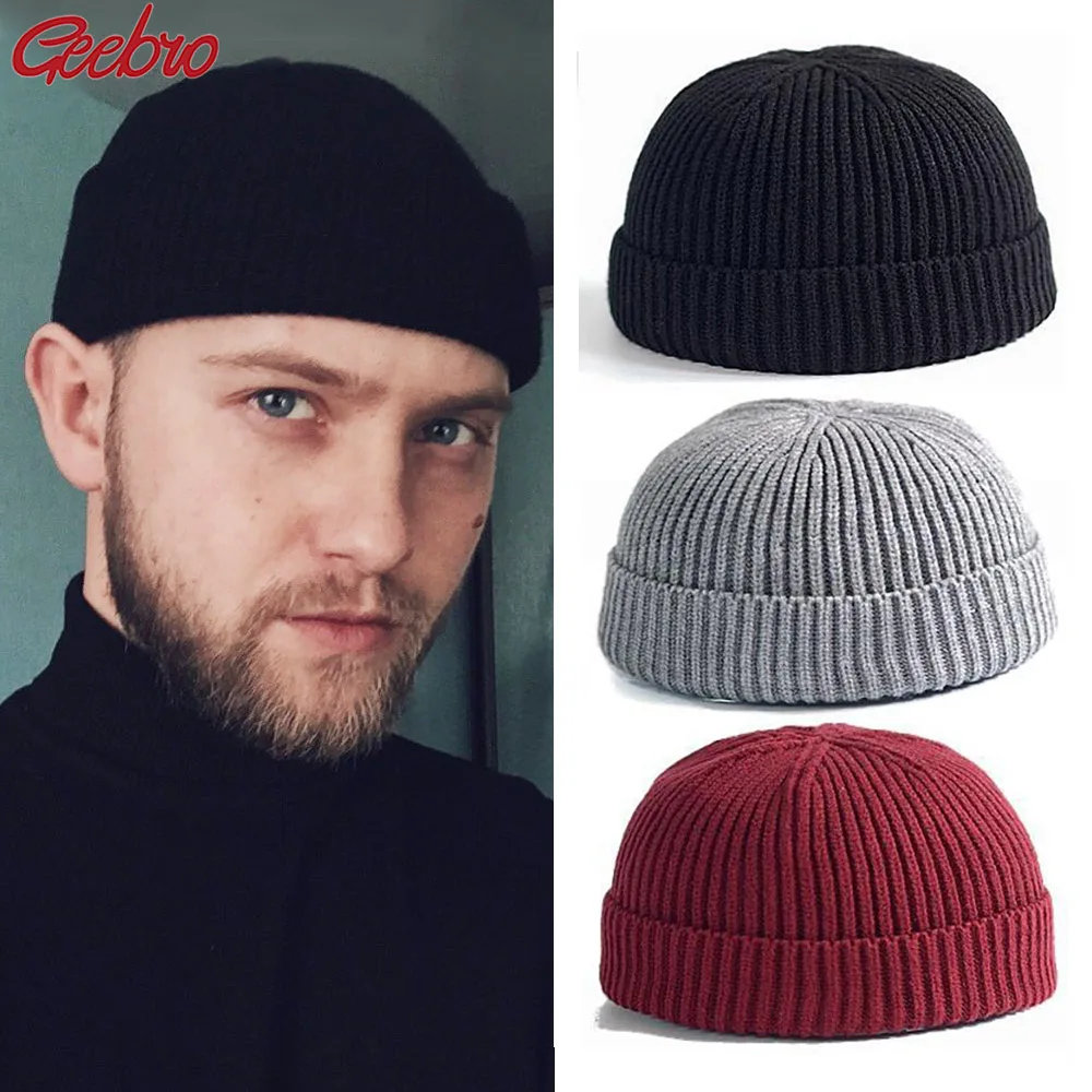 

Geebro Men Fashion Knitted Beanies Dome Warm Short Melon Leather Hats Women Winter Slouchy Solid Color Skullies Caps Bonnet