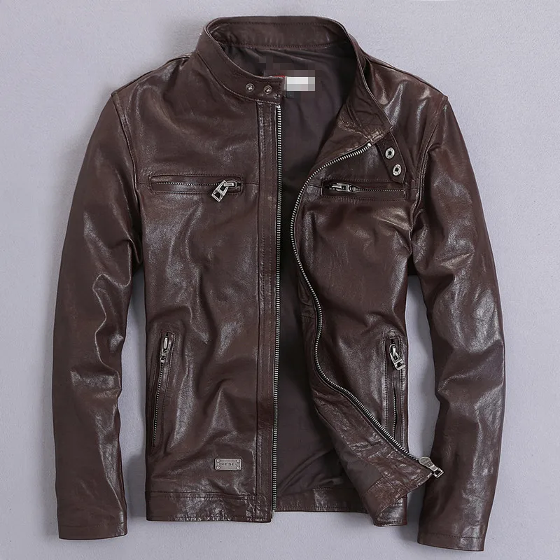 Brown goatskin knead Весна осень Мужская натуральная Короткая кожаная куртка тонкая куртка байкера для мужчин верхняя одежда jaqueta de couro - Цвет: Brown goatskin knead