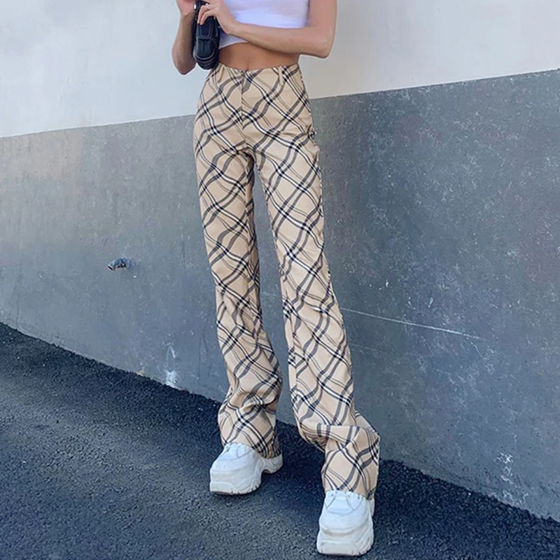 

Checkered Aesthetic Woman Pants 2020 Harajuku Fashion Stripe High Waisted Straight Long Trouser Y2k Sweatpants Female Capris