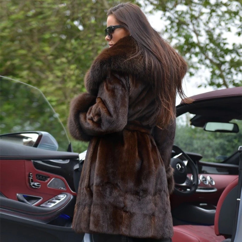 2022 New Fashion Real Mink Fur Coat 90cm Long Genuine Mink Fur Coats With Fox Fur Big Lapel Collar Warm Overcoats Fur Natural