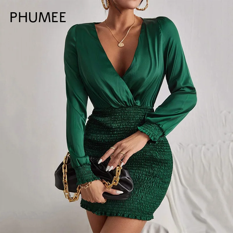 

Весенне-осеннее зеленое облегающее платье с V-образным вырезом и оборками, женское мини-платье с высокой талией, элегантное офисное женское ...