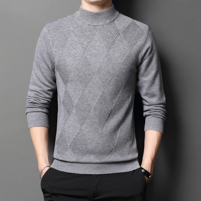 Men's Thick 100% Pure Wool Sweater High Quality Winter Cashmere Jumpers Fashion Plaid Male Long Sleeve Warm Pure Wool Knitwear