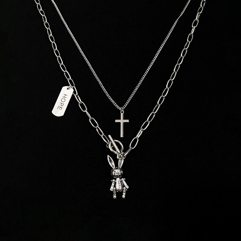 

Fashion Trend Double Layered Cross Wearing Cross Rabbit Shape Pendant Necklace New Simple OT Buckle Sweater Chain Couple Jewelry