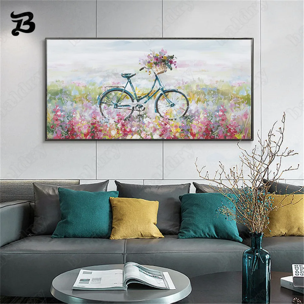 Красивая Картина на холсте в современном стиле цветы и хуапин велосипедный