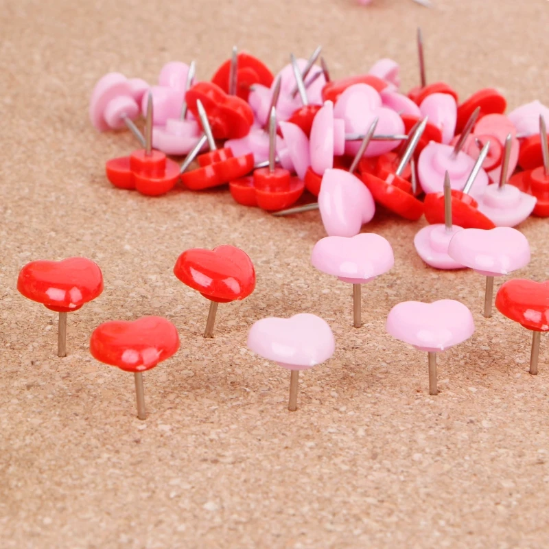 

50 Pcs Heart Shape Plastic Quality Colored Push Pins Thumbtacks Office School