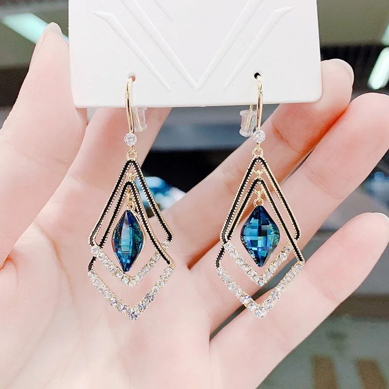 Blue Geometric Double Earrings Korean Temperament Online Celebrity Earrings Earrings Women's New Personality Earrings Long 3