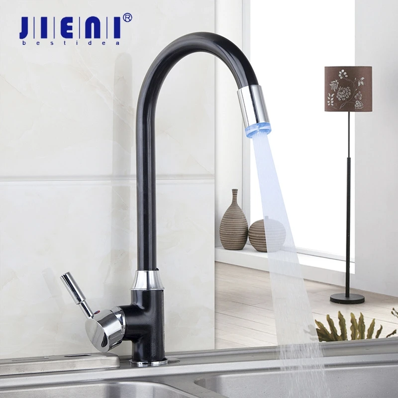 JIENI 360 Поворотный латунный СВЕТОДИОДНЫЙ torneira cozinha кухонный кран горячей и холодной воды Поворотный Черный Painiting кухонный кран