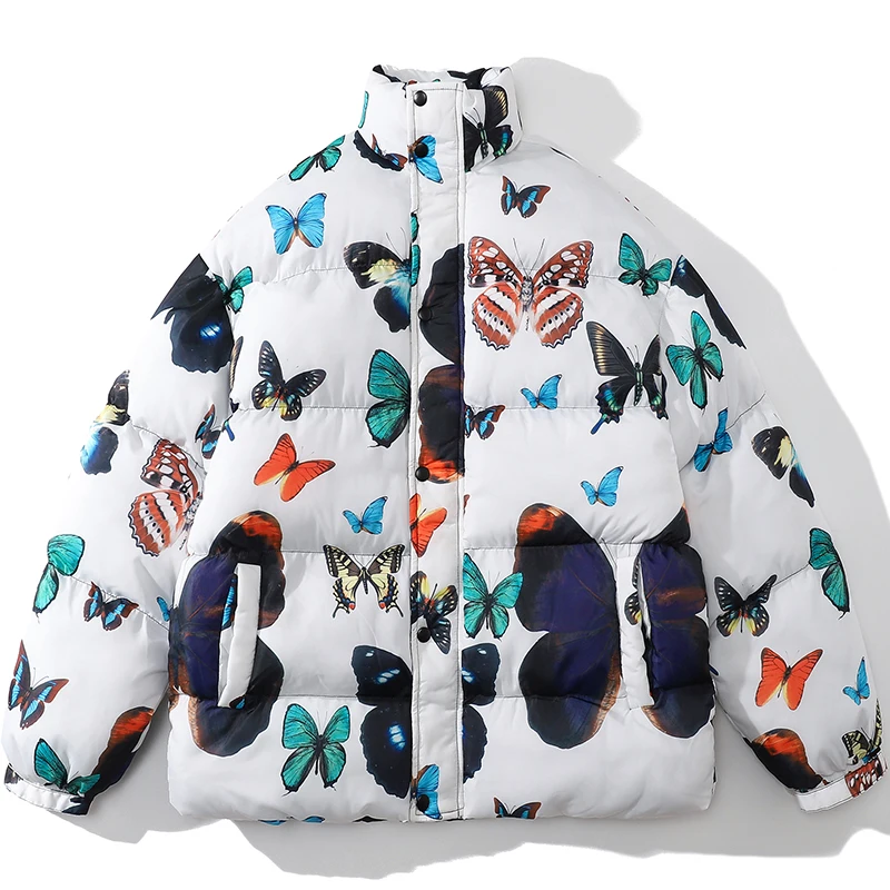 

Новинка, зимние белые мужские парки, теплые толстые модные свободные куртки с принтом бабочки, Мужское пальто, женская одежда, парка