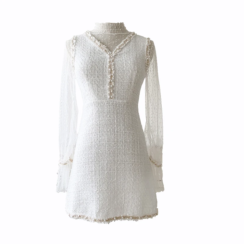 

Tweed Korean Dress Hollow Out Ladies Dresses Patchwork Beaded Vestidos De Mujer Luxurious Design Office Lady Robe Femme Ukraine