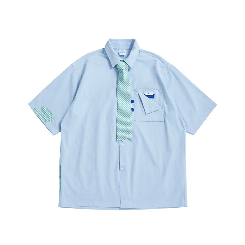 

Inf men's clothing new fashion brand in spring and summer 2021 candy color stripe matching tie contrast stitching loose shirt