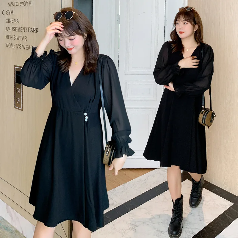 

Женское весеннее платье с v-образным вырезом, однотонное платье на пуговицах размера плюс, длина до колена, повседневная одежда, 100 кг, можно ...