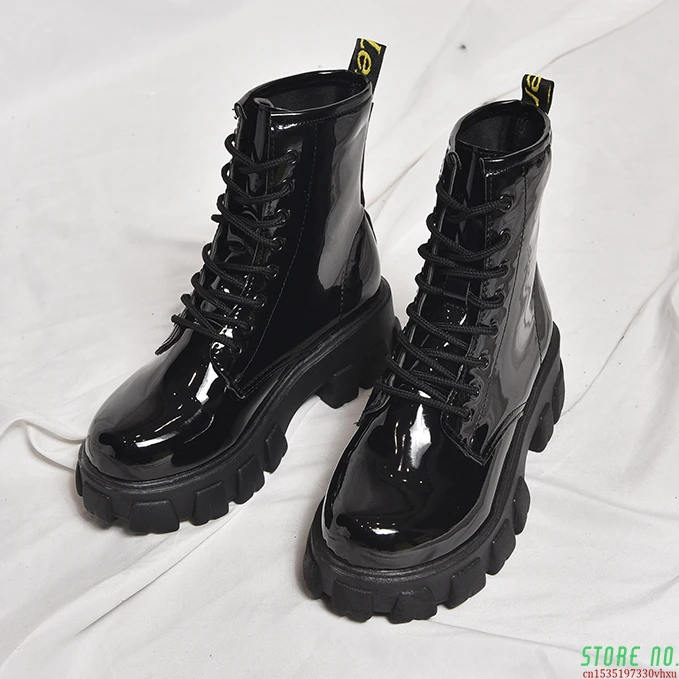 

Женские Ботинки, Ботильоны, кожаные черные ботинки на платформе с круглым носком, женские готические ботинки, дизайнерская брендовая роско...