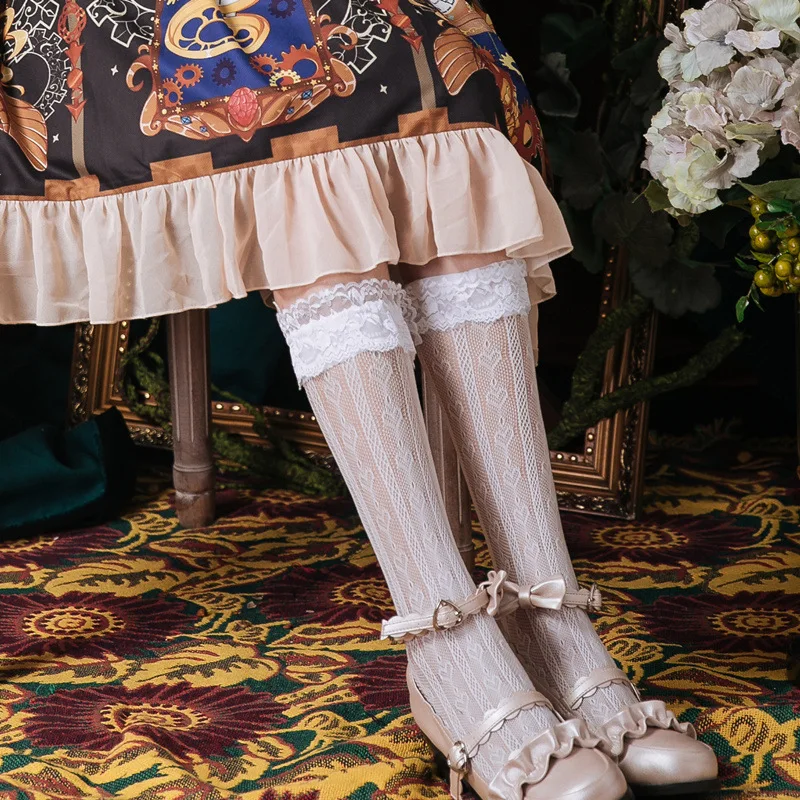 

Sweet Lace Long Stockings Lolita Heart Hollowed-out Stockings White/Black