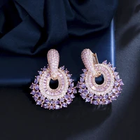 threegraces bohemian shiny purple pink cubic zirconia dangle huggies earrings for women fashion wedding costume jewelry er718