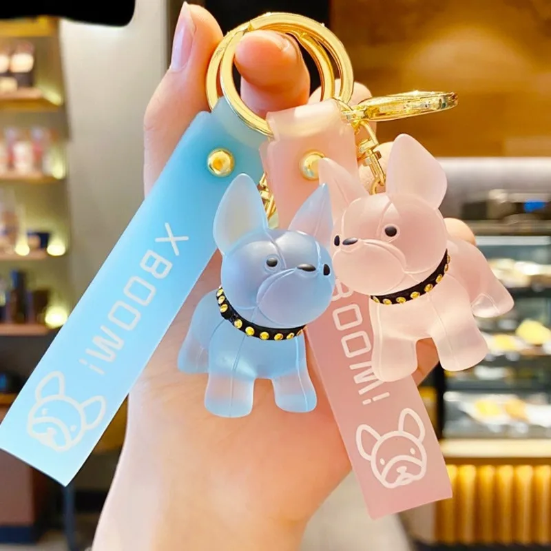 

Resin Bulldog Keychain Cute Transparent Pink Purple Green Grey Bag Car Metal Keyring Soft PVC Lanyard Girl Boy Lover Gift Supply