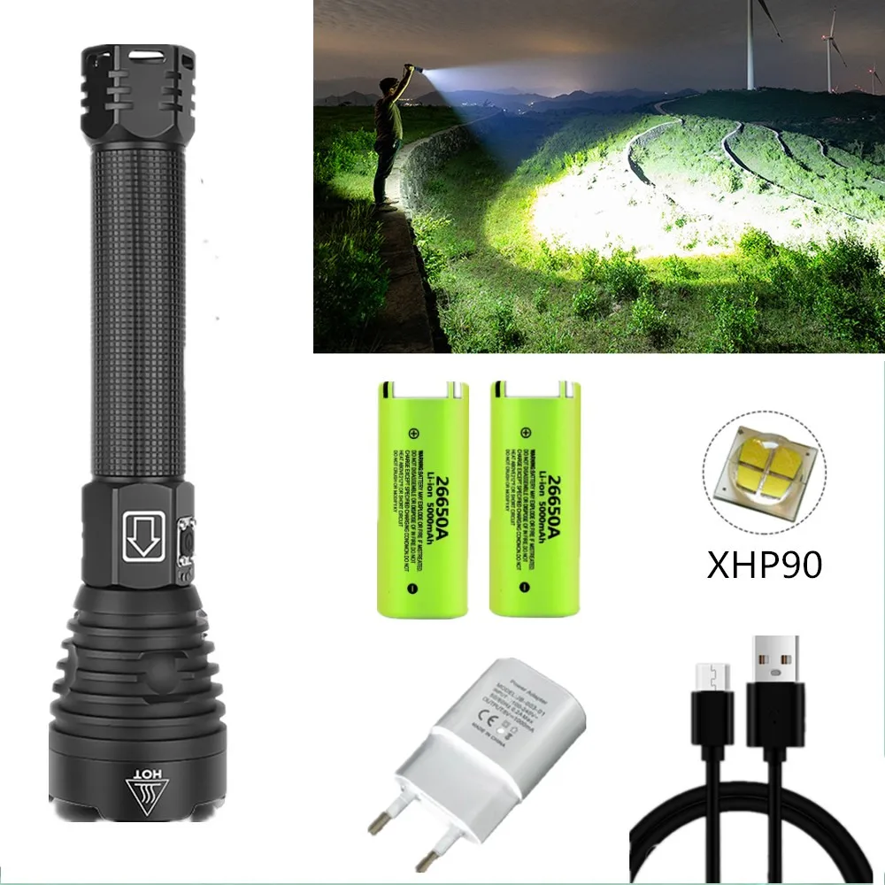 

Супер яркий Мощный светодиодный фонарик XHP90.2, масштабируемый тактический фонарь онарик с 3 режимами, водонепроницаемый, перезаряжаемый чер...