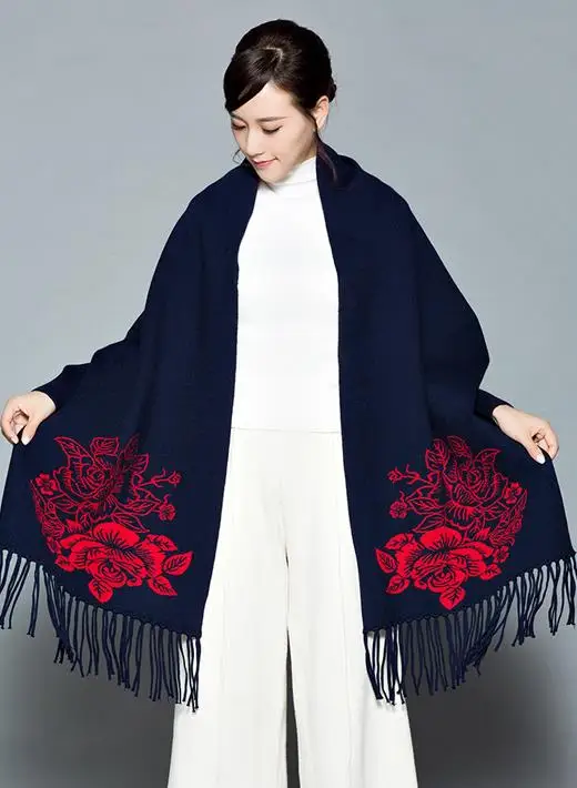 Navyblue Брендовый зимний шарф женский шерстяной черный красный с рукавом кашемировое пальто плащ утепленный двухсторонний воздушный двусторонний шаль - Цвет: Navyblue