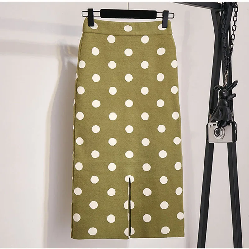 Women's Polka Dot Knit Skirt Autumn Winter Female Korean High Waist Split Step Skirt Thick Knit Long Skirt Hip Skirt New ML279
