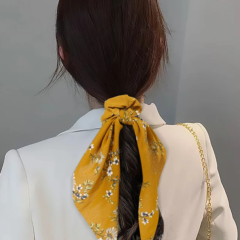 

Fashion Floral Print Scrunchie Solid Long Hair Ribbon For Women Ponytail Scarf Sweet Elastic Hair Band Hair Accessories Headband