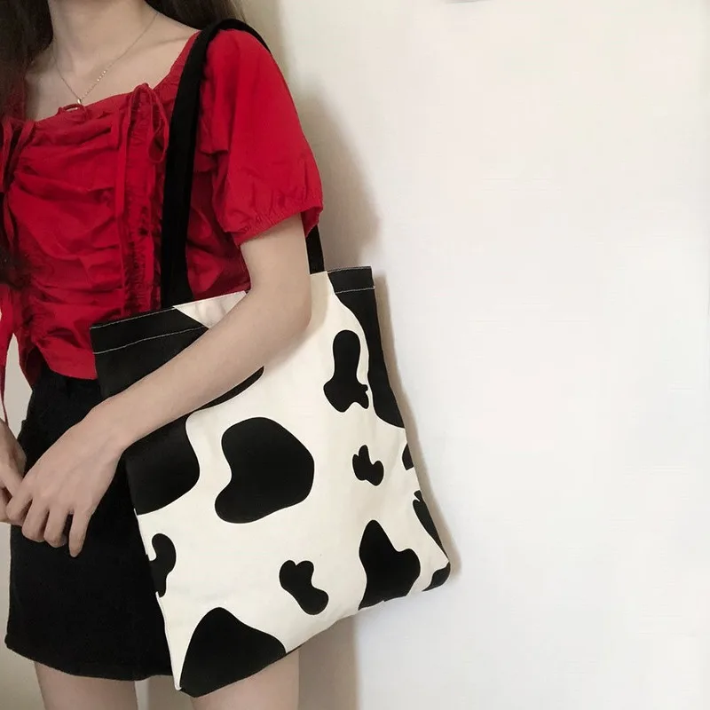 

Shopping Bags Women Cow Pattern Canvas Harajuku Sweet Girls Ulzzang Korean Leisure Popular Simple Shopper Bag Female Chic Ins