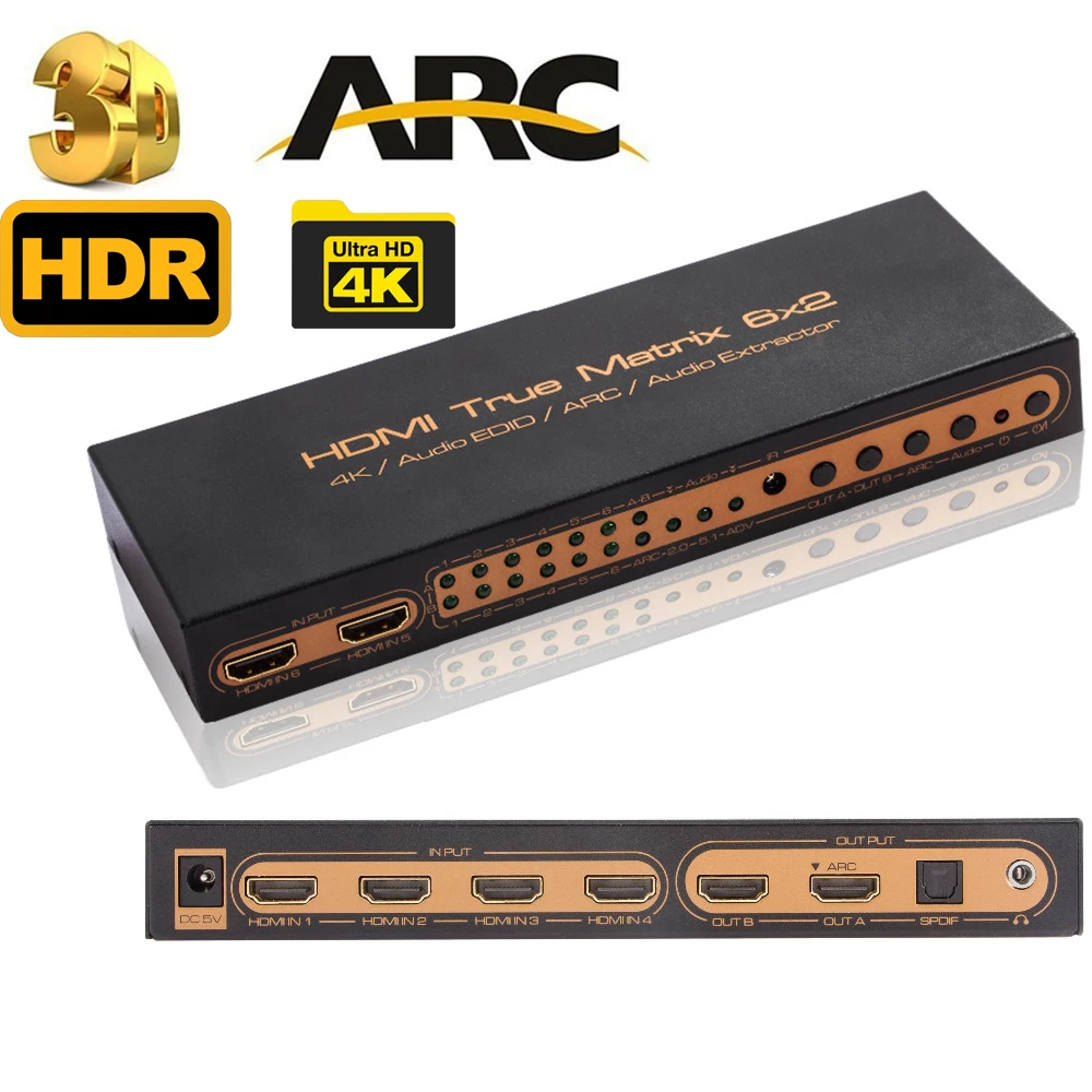 

6x2 HDMI Matrix PIP HDMI 6X2 Matrix audio extractor HDMI ARC 4K/30Hz Matrix HDMI 6 in 2 out switch splitter with audio out