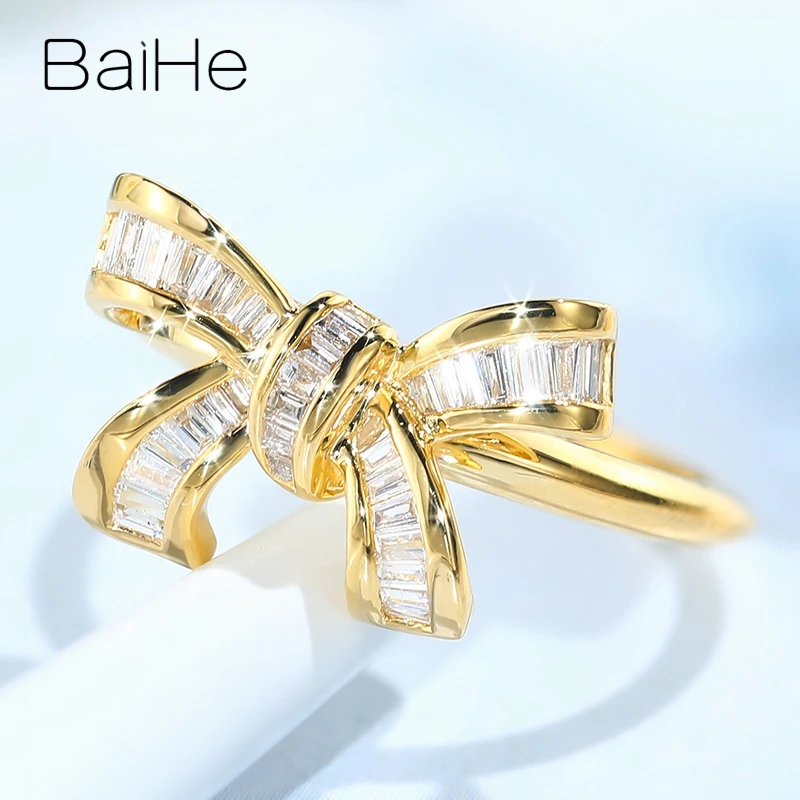 BAIHE, 14 к, желтое золото, около 0.30ct, H/SI, квадратный,, натуральные бриллианты, обручальное кольцо, модное, хорошее ювелирное изделие, бант, подарочное кольцо