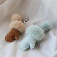new keychain of real mink fur women fashion accessories mobile phone bag pendant leather fur mitten girls key ring
