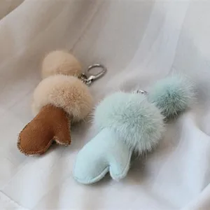 new keychain of real mink fur women fashion accessories mobile phone bag pendant leather fur mitten girls key ring free global shipping