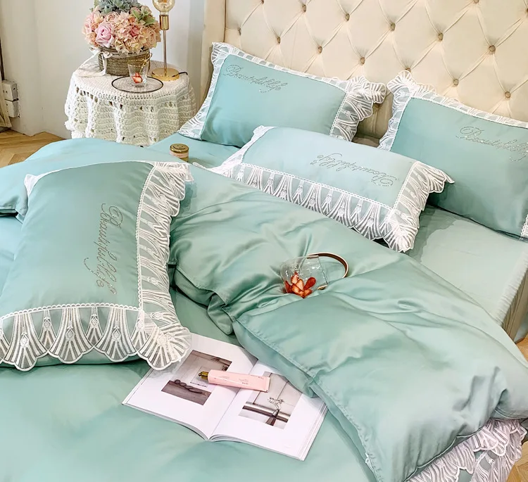 ANNAs хороший набор свадебного постельного белья качество Девушки Красивая наволочка лаконичное кружево розовый тенсель пододеяльник лед шелк простыня