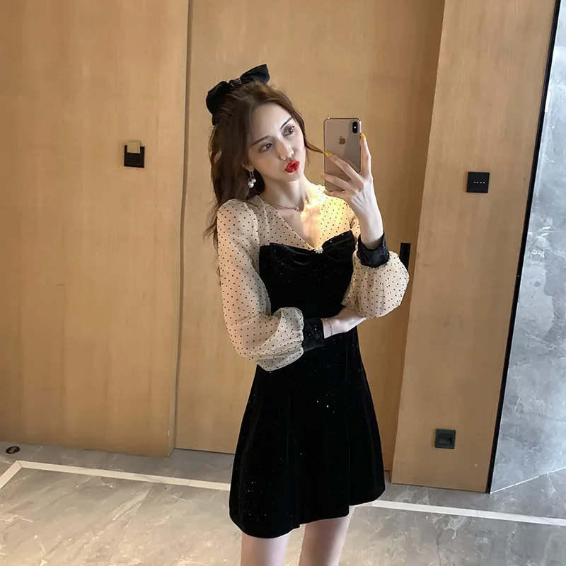 

nian Autumn and Winter jin si rong Mesh Black Dress Waist Hugging Slimming Debutante Elegant Hepburn Wind Black Dress