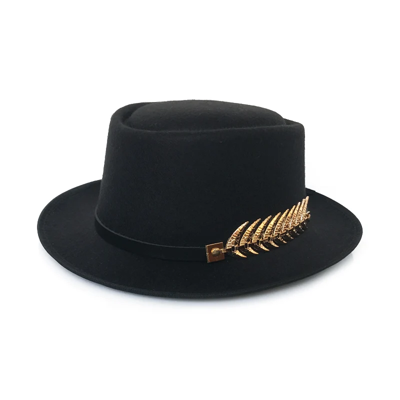YY золотой пояс с перьями Fedora шляпа для мужчин плоский Топ шляпы Трилби для женщин свиной пирог джаз шляпа Классическая церковная Кепка FD19040 - Цвет: Black Trilby Cap