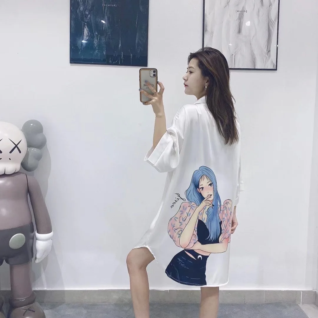 Spring Autumn Shirt Nightdress Women Print Cartoon Summer Ice Thin Nightgown & Sleepstirts Relaxed Lovely Home Dress Sleepwear
