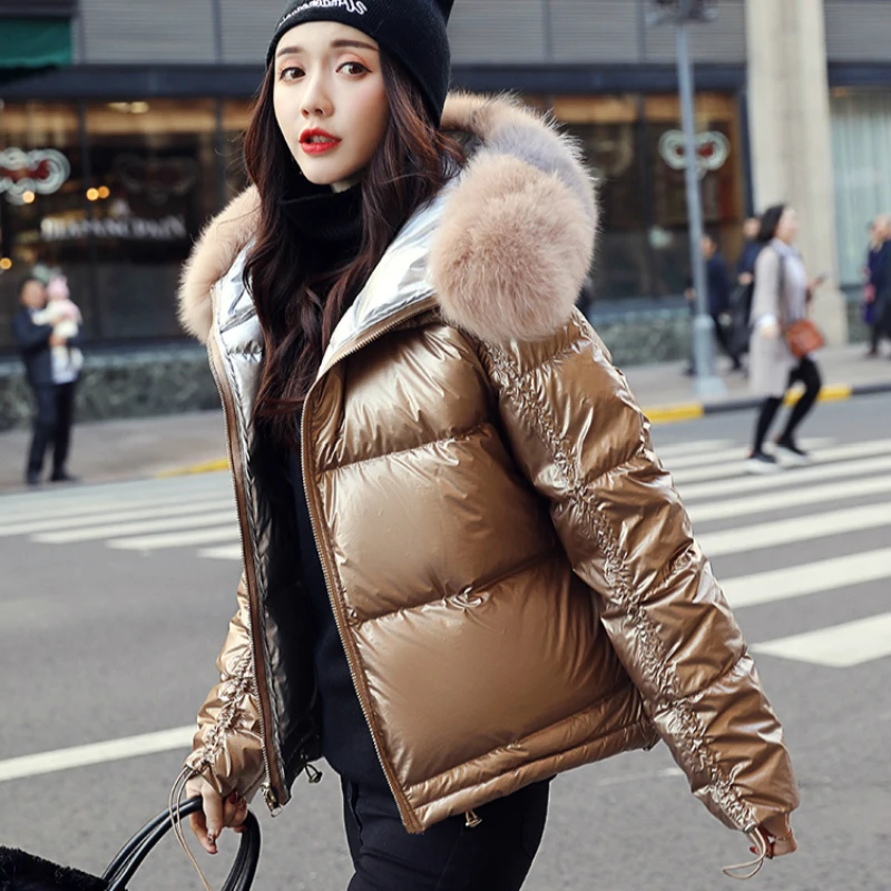 Модная зимняя куртка Женская с большим воротником из искусственного меха
