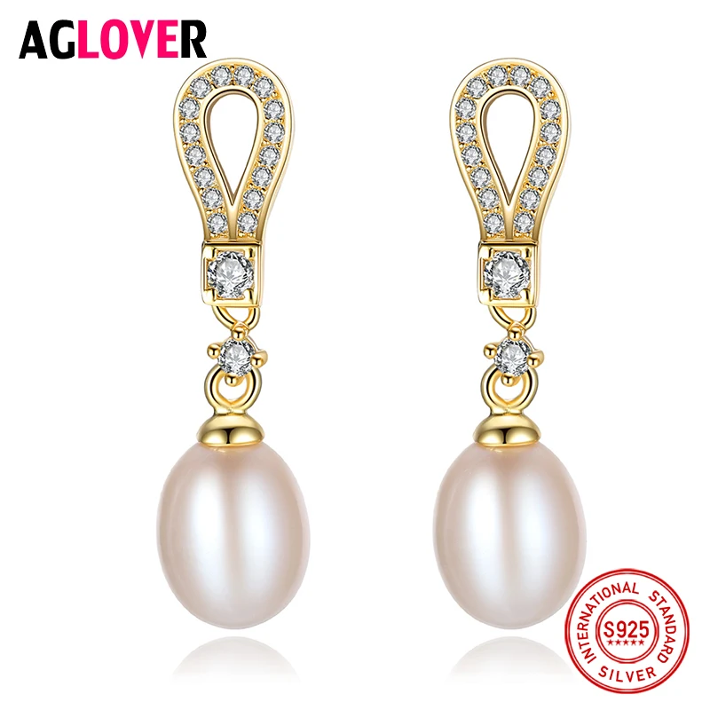 

AGLOVER Hot Sale 925 Silver Gold Gilt Drop Earrings 9MM Natural Freshwater Pearl Earrings Pearl Charm Jewelry Women Gift Party