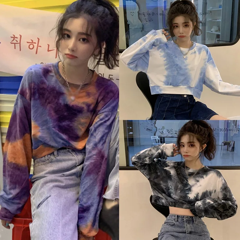 

Women Design Sense Bottoming Top Fashion Niche Tie-Dye Round Neck Loose And Thin Short Ladies Long-Sleeved Pullover Full