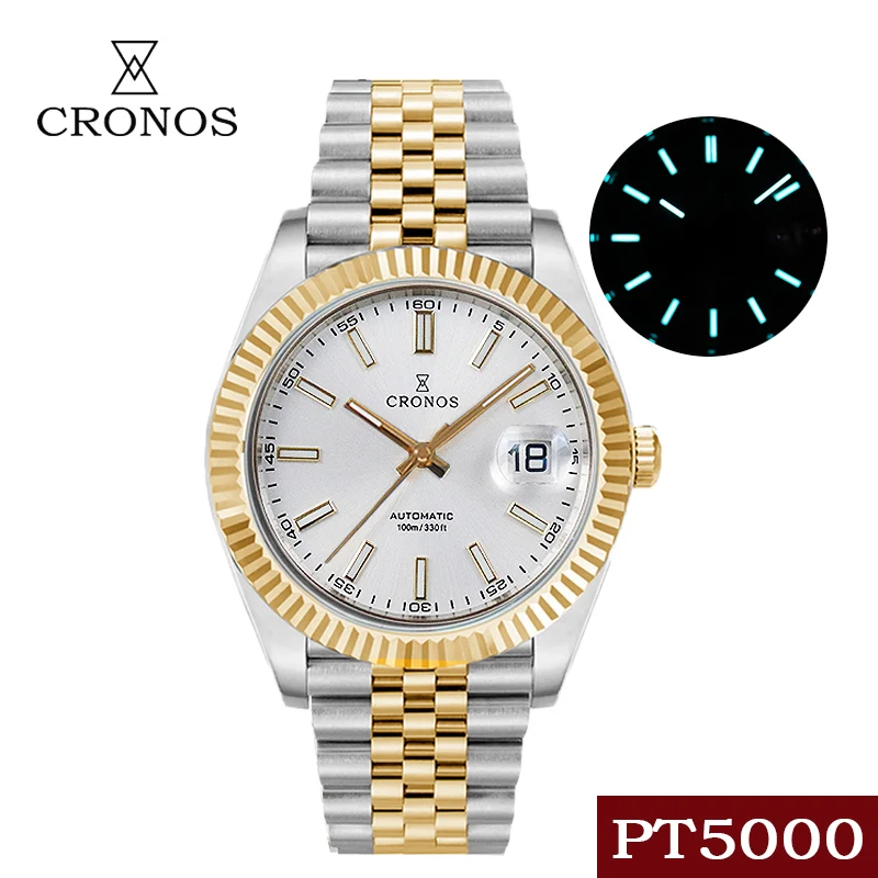 

Cronos Date Luxury Men Dress Gold Watch Stainless Steel 5 Links Bracelet Copper-Nickel Platinum PVD Bezel 100m Water Resistant