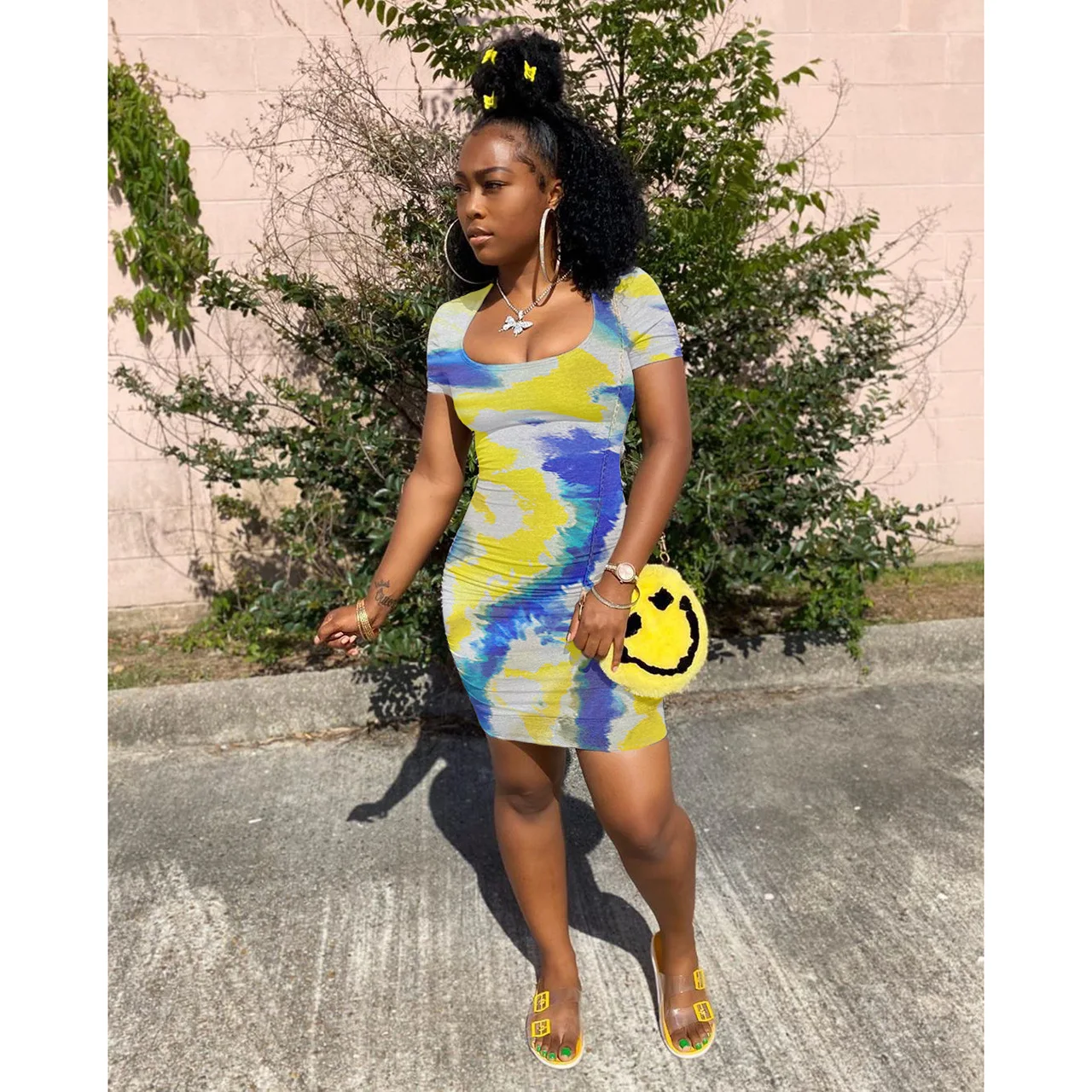 

Sexy Women Tie Dyed Short Sleeve Back Hollow Out Deep O Neck Dress Ladies Bodycon Female Stylish Dress for Party Wear